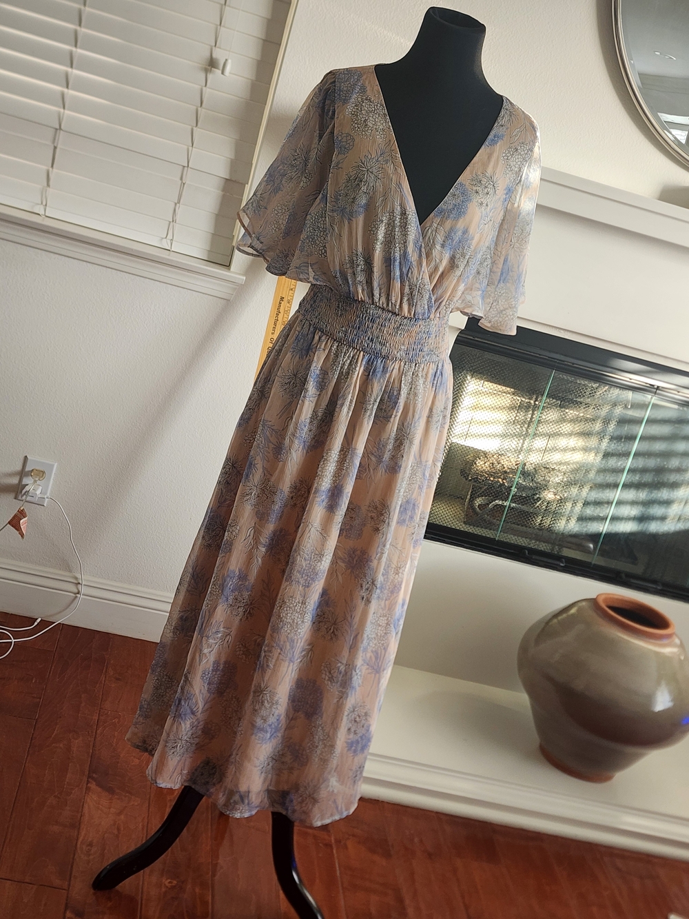 Lulu's Beige Midi Dress with Soft Blue Floral Print